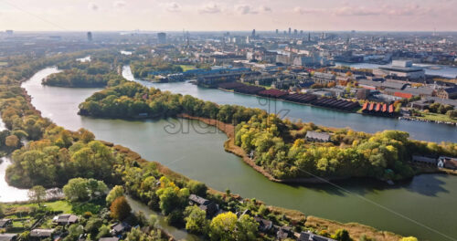 Video Aerial drone view of Christiania intentional community and commune in the Christianshavn neighbourhood of Copenhagen, Denmark - Starpik