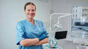 Video Dentist wearing a scrub and standing and smiling in a dental cabinet, in front of a window - Starpik