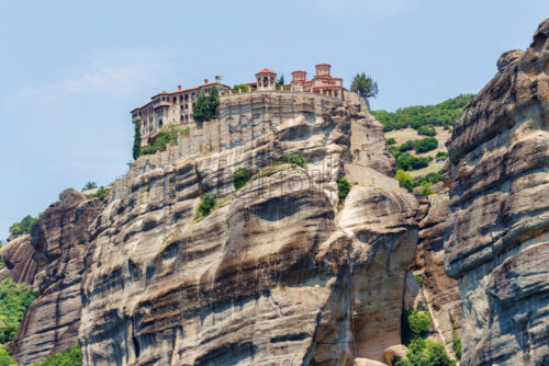 Aerial daylight view on monastery at coast of mountains. Greece, Corfu - Starpik