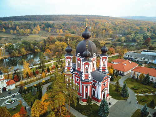 Aerial shot of Curchi Monastery at daylight. Autumn warm colors. Moldova landmarks - Starpik