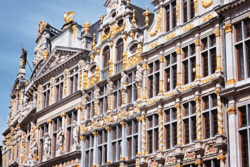 Apartments decorated with gold ornaments in The Grand Place, Brussels, Belgium. Close up shot - Starpik