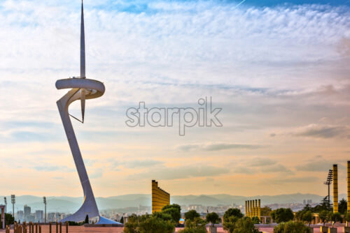 BARCELONA, SPAIN – NOVEMBER 11, 2016: Communication tower in Olympic Stadium park at sunset - Starpik