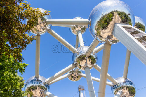 BRUXELLES, BELGIUM – MAY 7 2018: The Atomium landmark from bottom in a sunny clear day. Place for text - Starpik