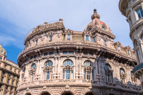 Bank building in Piazza De Ferrari. Blue sky on background. Genoa, Italy - Starpik