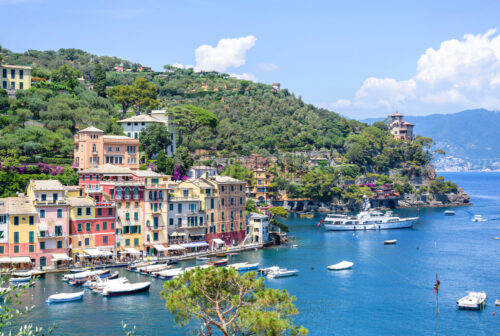 Beautiful daylight view to ships on water and buildings in Portofino city - Starpik