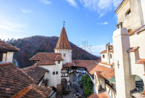 Bran Castle yard at daylight. Blue sky on background. Romania tourist spots - Starpik