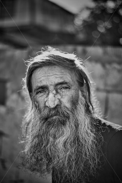 Close-up shot of an old homeless man face. Big beard, long hair and thoughtful look. Black and white - Starpik