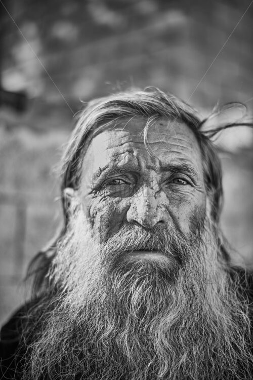 Close-up shot of an old homeless man face. Big beard, long hair and thoughtful look. Black and white - Starpik