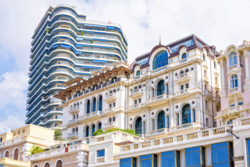 Daylight sunny view to hotel buildings with classic ornamented facade - Starpik