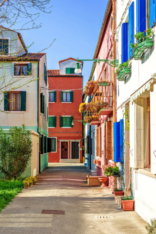 Daylight view to a street of city with vibrant colorful buildings. Shadows and sun shining. Place for text. Burano, Italy - Starpik