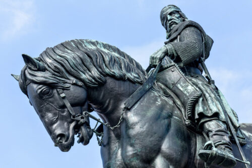 Equestrian statue of Jan Zizka near Vitkov memorial. Bright sky with clouds on background. Negative copy space, place for text. Prague, Czech Republic - Starpik