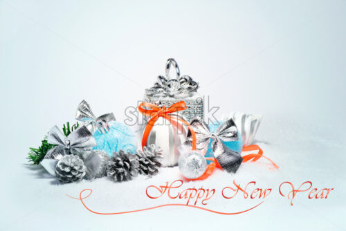 Gifts, green branch, bows, pine cones and baubles in silver color. Happy New Year text. Decorations vector - Starpik