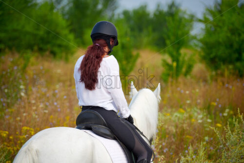 Girl in equestrian outfit riding a horse in the field. View from behind. Close up - Starpik