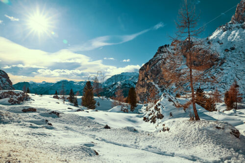 Mountains of Cinque Terre at daylight. Snow covered fields on foreground. Vibrant colors. Liguria, Italy - Starpik