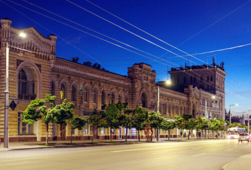 Municipality town hall building street at blue hour in Chisinau, Moldova - Starpik