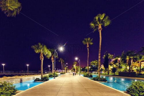 Night view to promenade alley with water and palm trees on side. People walking. Negative copy space, place for text. Limassol, Cyprus - Starpik