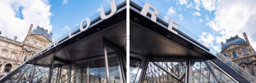 PARIS FRANCE – OCTOBER 3, 2018: Collage of Louvre Museum piramid entrance. Sunny day with some clouds. - Starpik