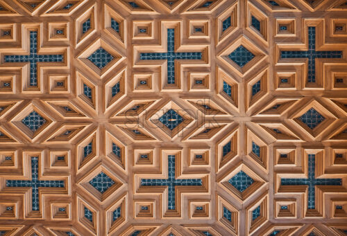 PARIS, FRANCE – SEPTEMBER 09, 2018: Ceiling of Gallery of Francis I in orange and teal colors. The Palace of Fontainebleau - Starpik