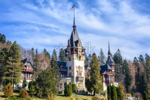 Peles Castle at daylight. Clouds on background. Wide shot. Sinaia, Romania - Starpik