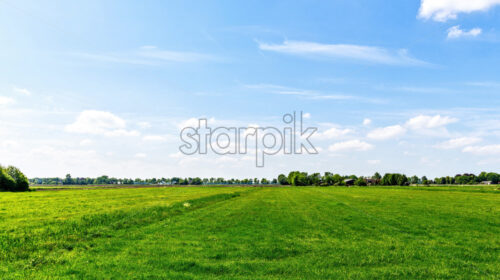 Picturesque landscape of a green grass field. Bright blue sky with clouds on background. Negative copy space, place for text. Giethoorn, Netherlands - Starpik