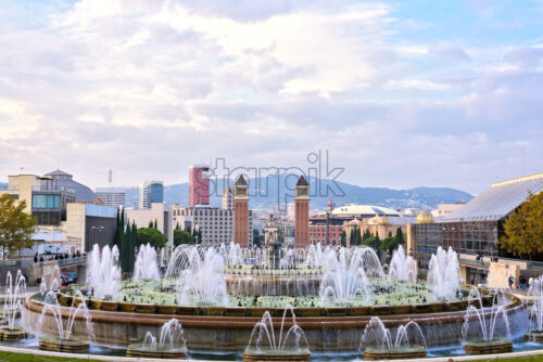 Placa de Espana – Magic Fountain of Montjuic and Venetian Towers, famous square City Center Barcelona, Spain - Starpik