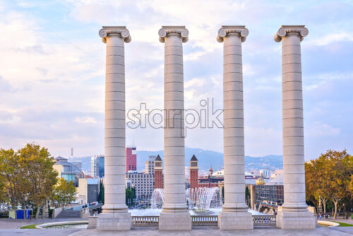 The Four Columns, created by Josep Puig i Cadafalch, in the front of Museu Nacional d’Art de Catalunya, Barcelona, Spain - Starpik