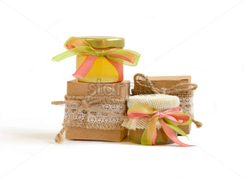 Traditional jars of honey isolated on white background - Starpik