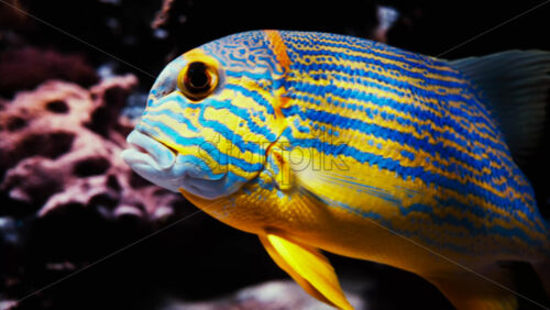 Video Close up of a sailfin snapper fish swimming near coral reefs - Starpik Stock