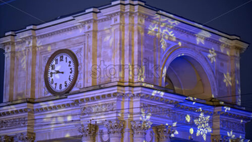 Video Snowflakes projection on the Triumphal Arch in the evening, Chisinau, Moldova - Starpik Stock