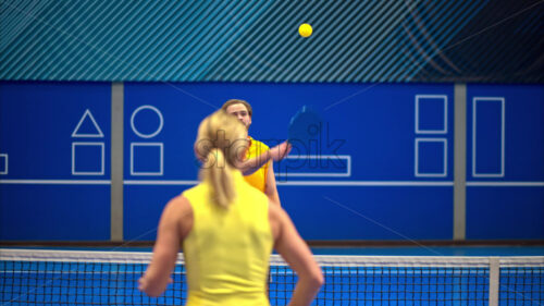 Video Two men and two women playing pickleball on a blue, inside court - Starpik