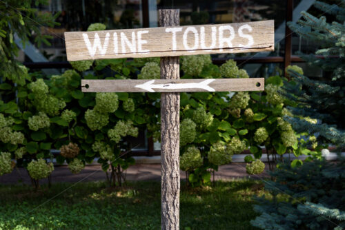 Wooden wine tour sign with arrow with green shrubs on background - Starpik