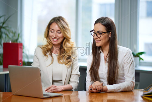 women ladies at meeting table discussing a business plan with laptop computer in office. Workers on background - Starpik