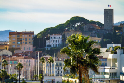 Cannes beach and castle, buildings and palm trees, France - Starpik Stock