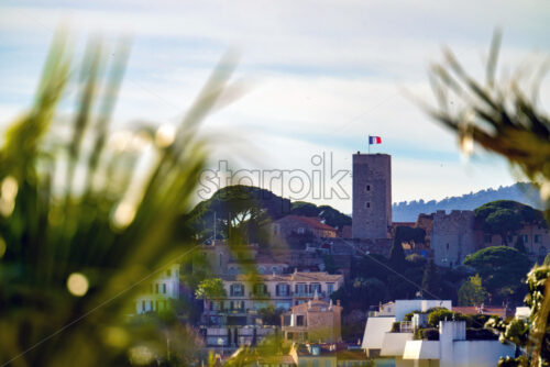 Cannes beach and castle, buildings and palm trees, France - Starpik Stock